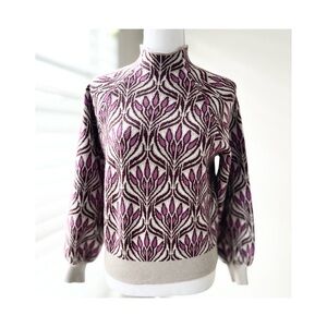 Anthropologie Cream and Purple Jacquard Mock Neck Sweater